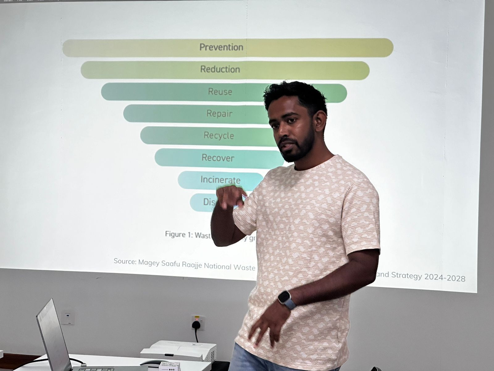 Facilitator presenting the waste hierarchy at the ministry orientation